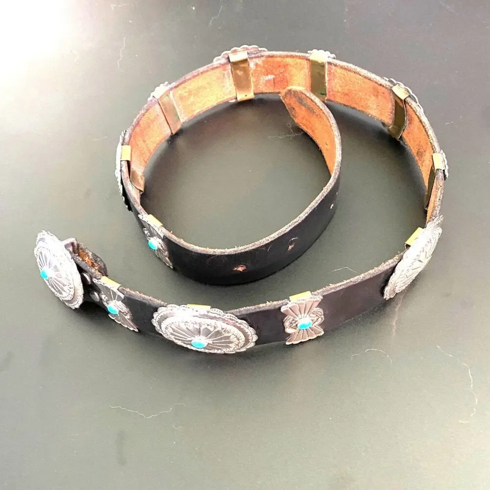 LF DESIGNS 1970s Sterling Silver and Turquoise Concho Black Leather Belt Buckle